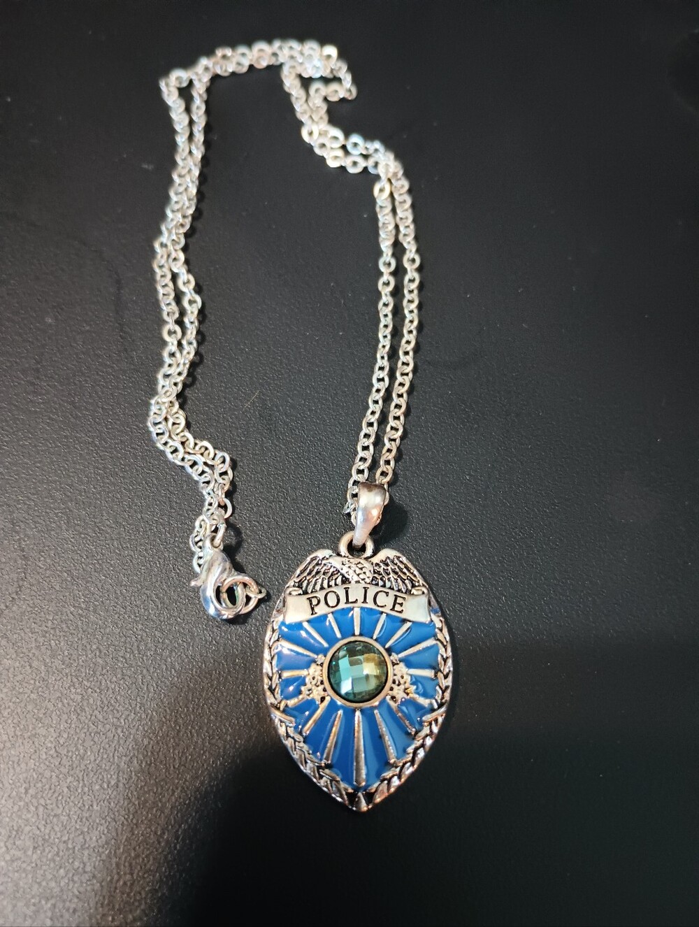 Police Badge Pendant Necklace With Aquamarine Colored Center Stone